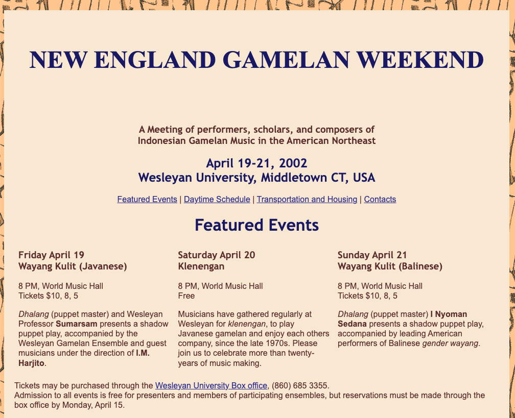 screenshot of home page for New England Gamelan Weekend